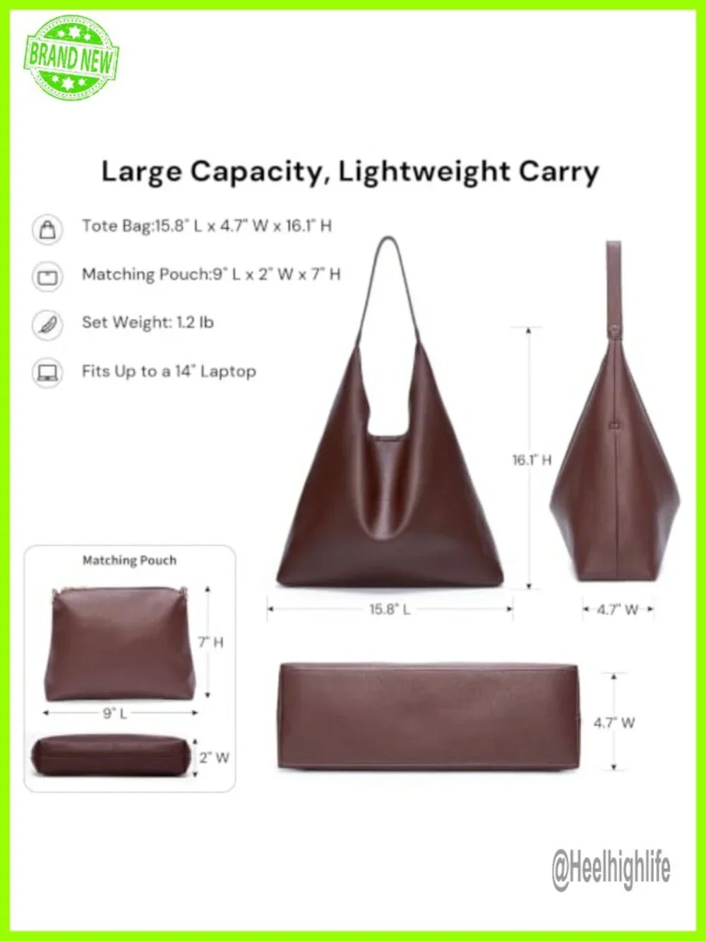 2-Piece Vegan Leather Slouchy Hobo Tote Set with Zip Pouch